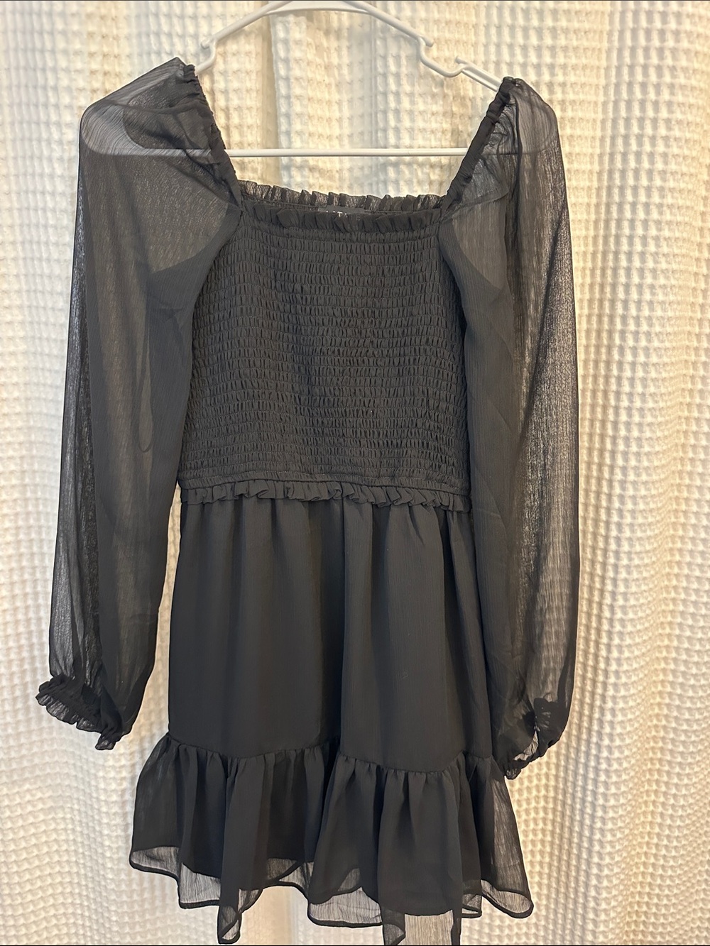Black Sheer Long Sleeve Smocked Mini Dress